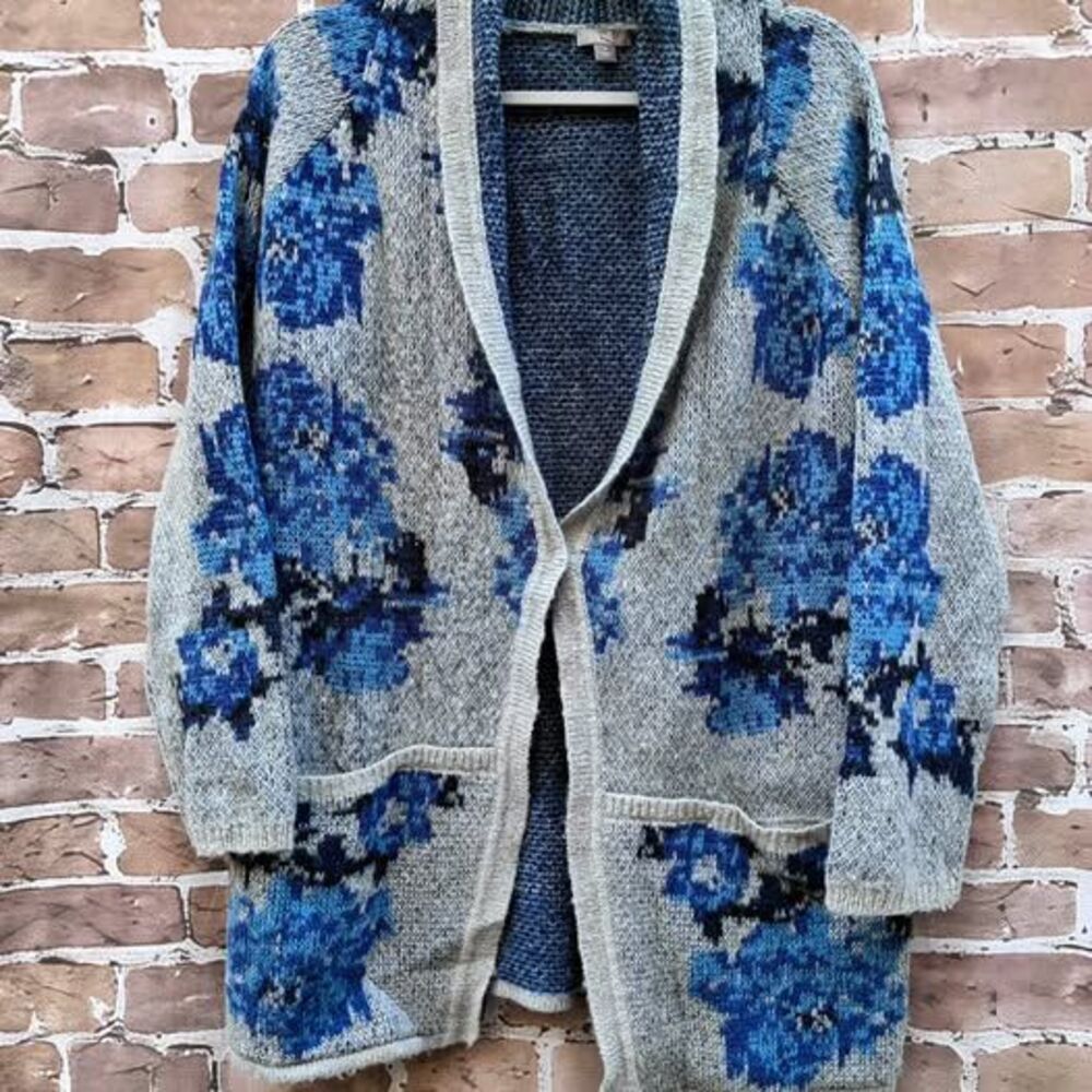 Vtg J.Jill Blue Floral Wool Blend Open Front Cardigan Sweater Size M